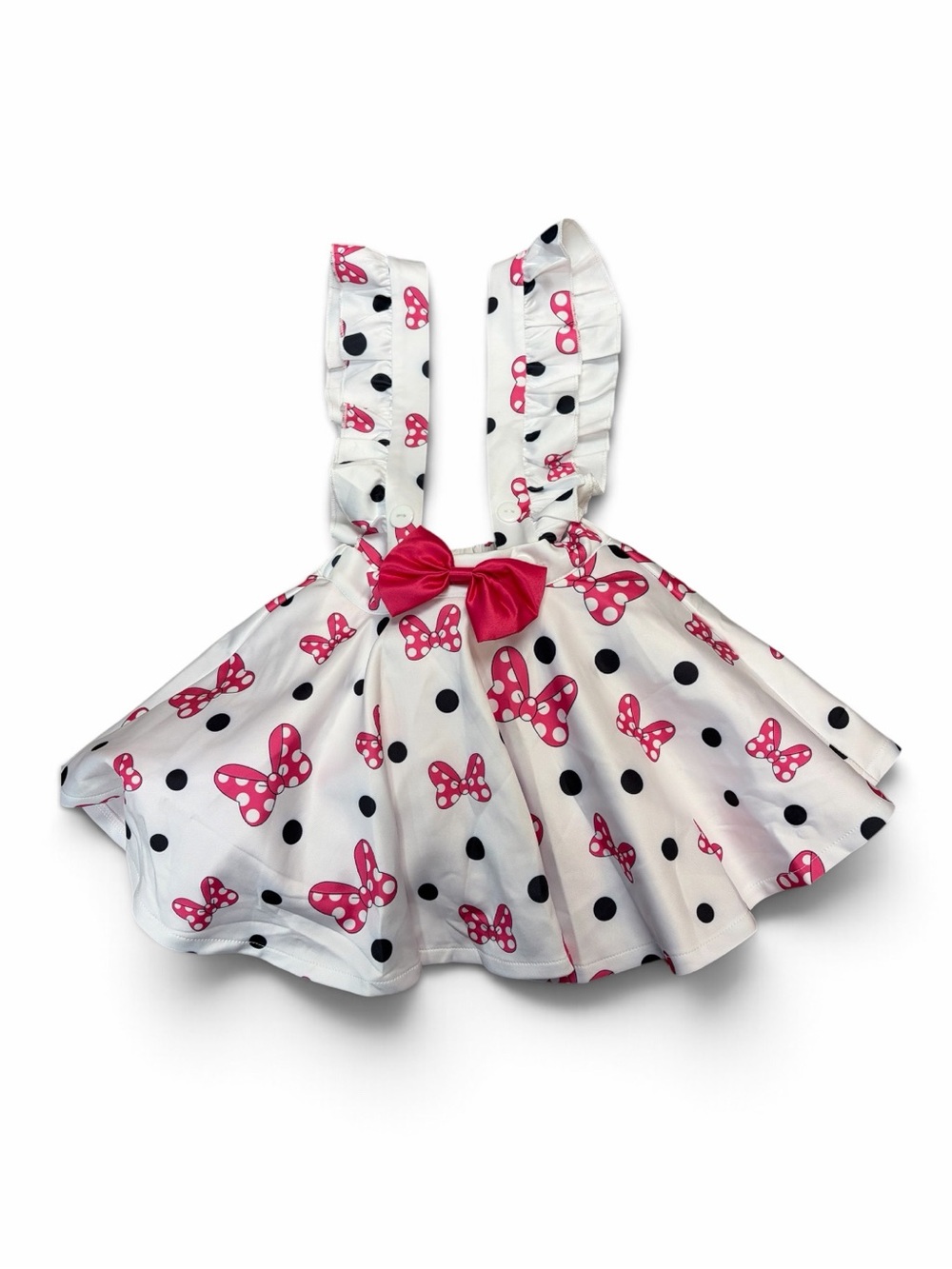 Girls White Polka Dot & Pink Bow Minnie Suspender Skirt